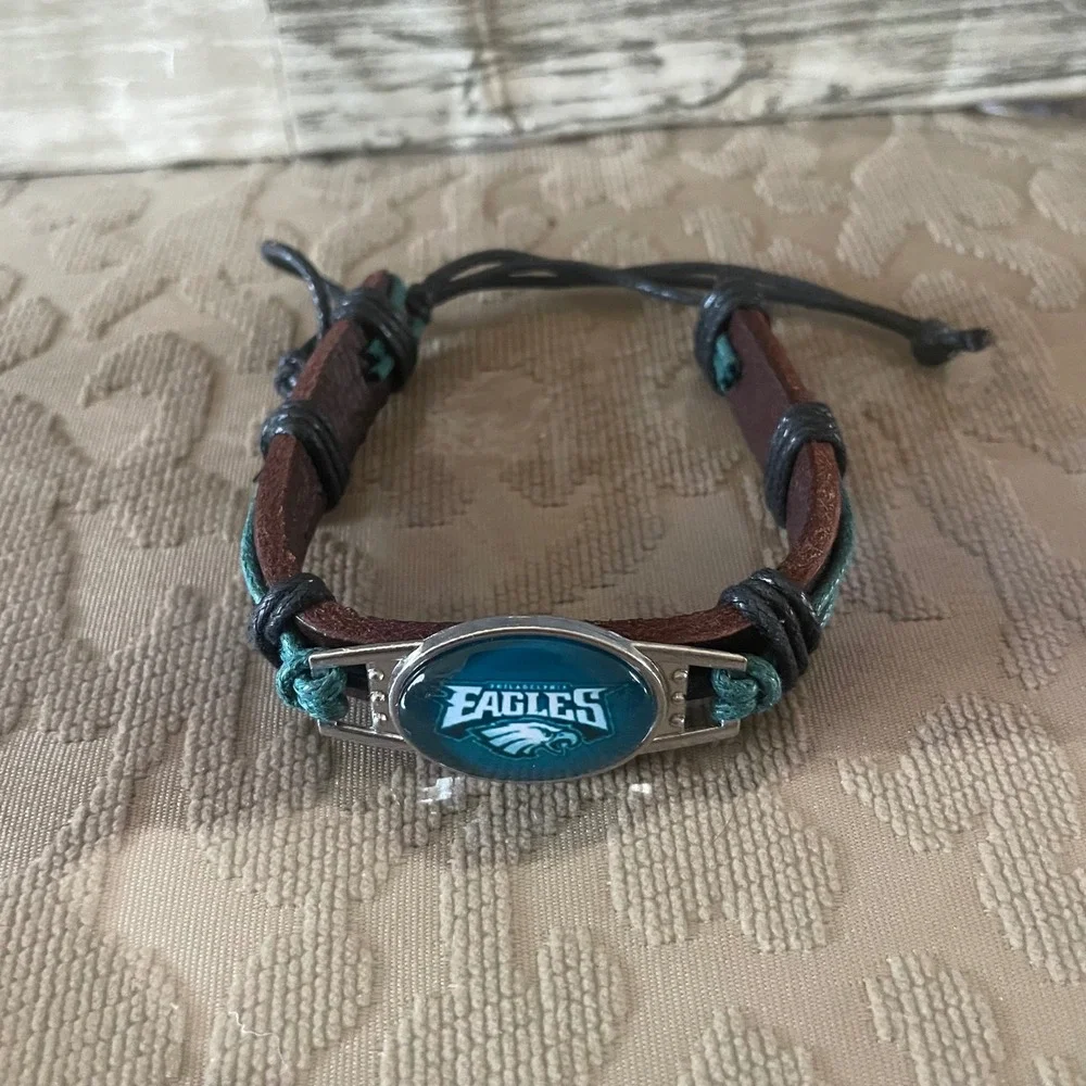 Philadelphia Eagles Leather Bracelet Braided Teal Black Cord NFL Fan Jewelry